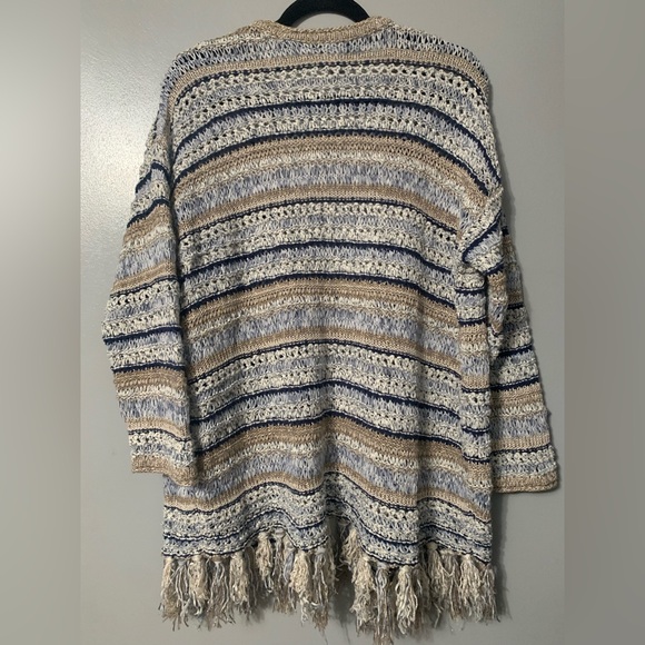 Chico's Beige and Navy Striped Fringe Cardigan - Picture 2 of 6